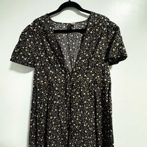 H&M V neck poplin Black Dress with White and Yellow Floral Pattern